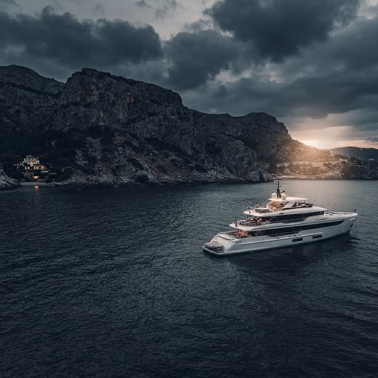 A yacht at anchor in a calm bay