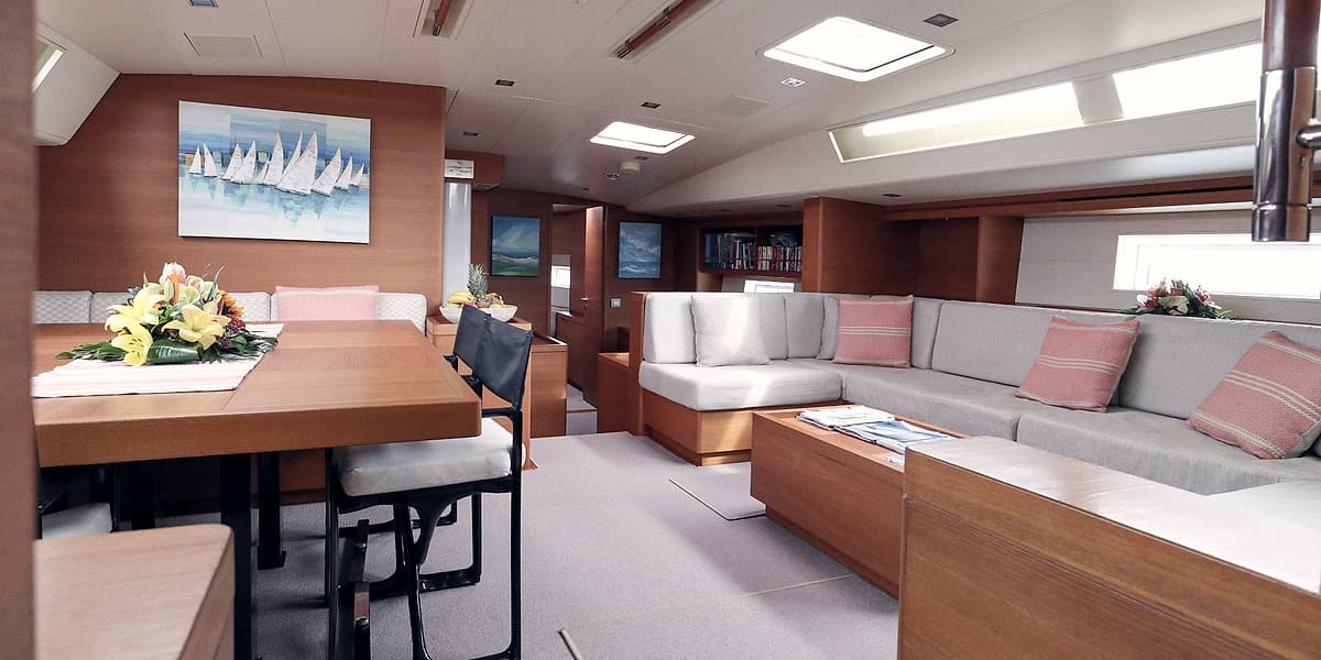 The saloon interior aboard Sailing Yacht Freebird