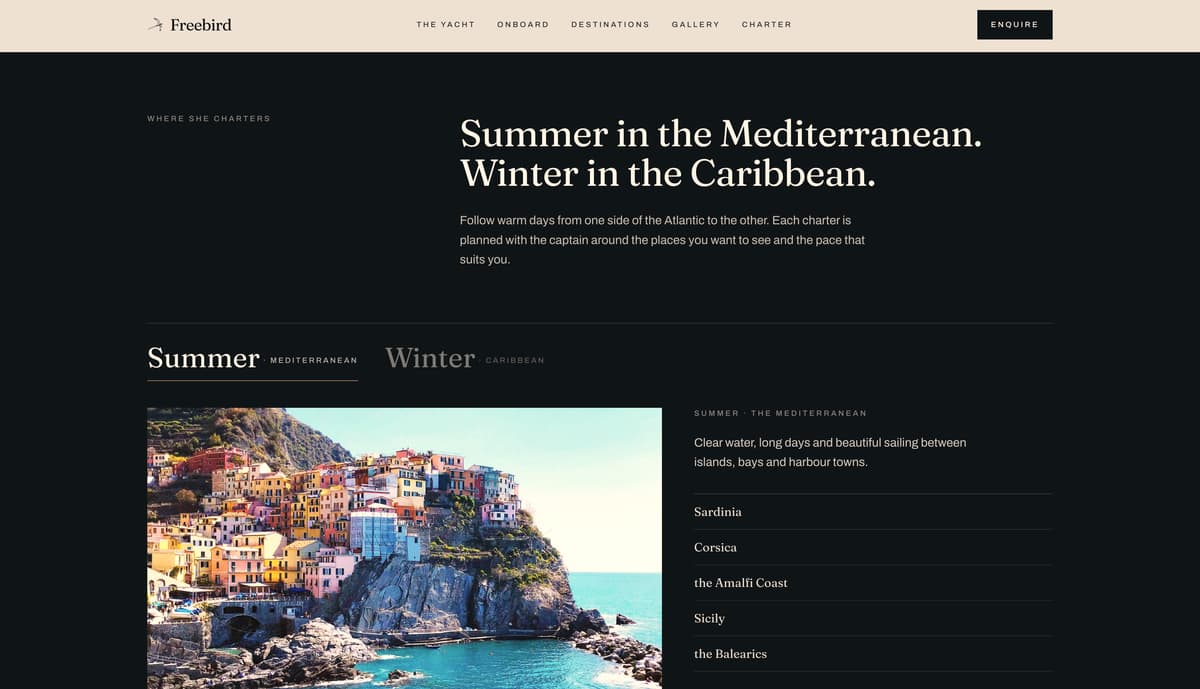 The destinations section of the Sailing Yacht Freebird website