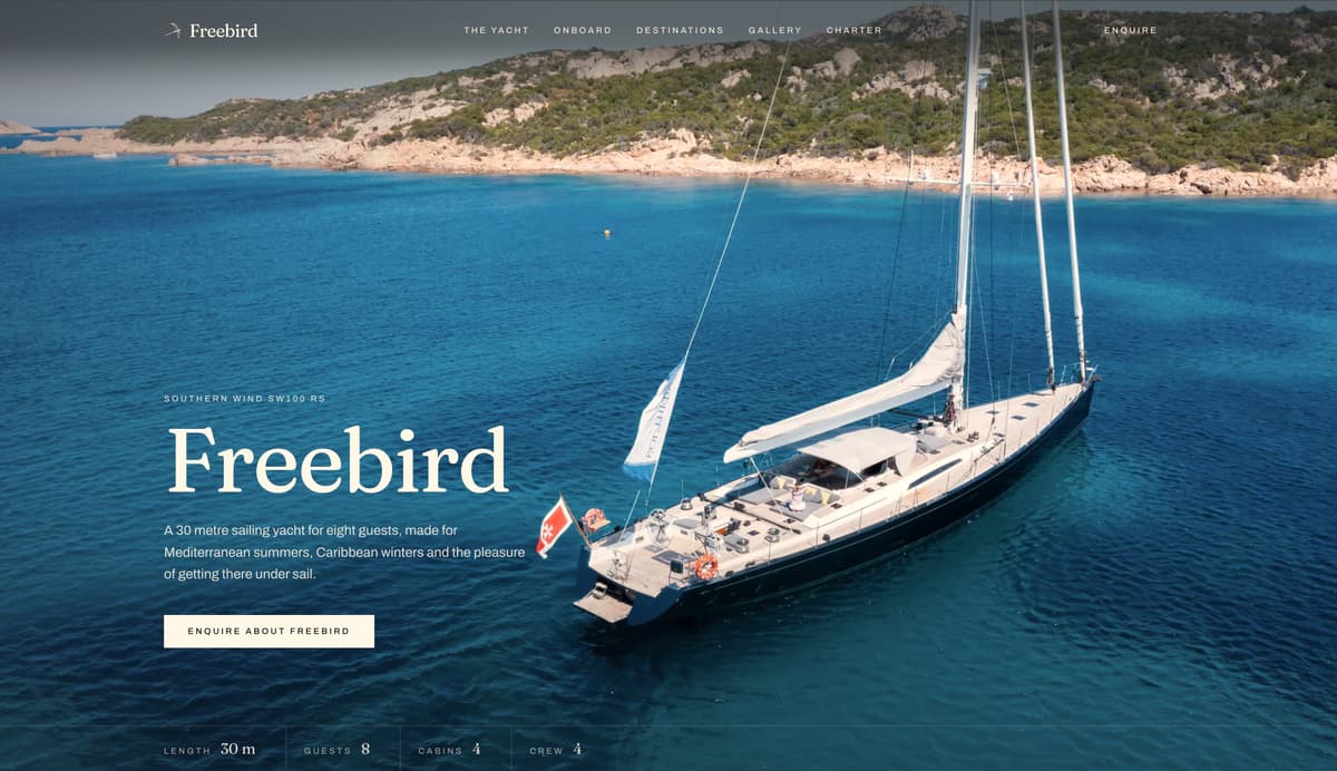 The Sailing Yacht Freebird website homepage, built by YOT
