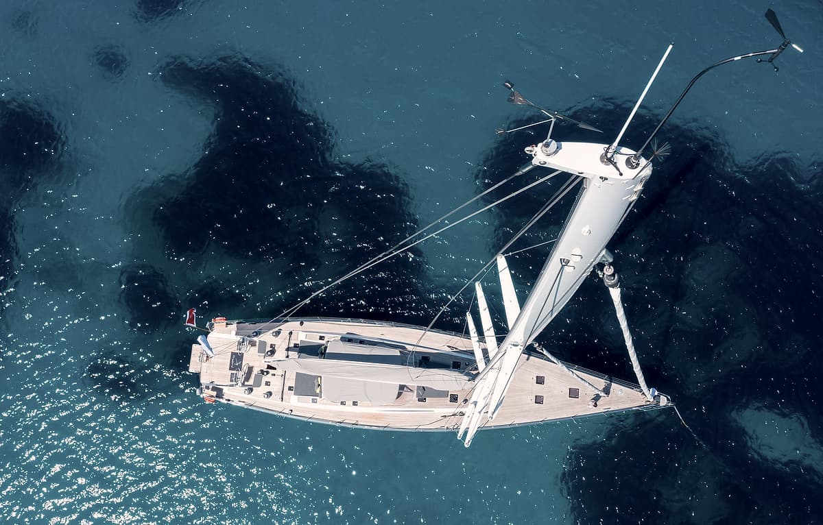 Sailing Yacht Freebird at anchor, seen directly from above