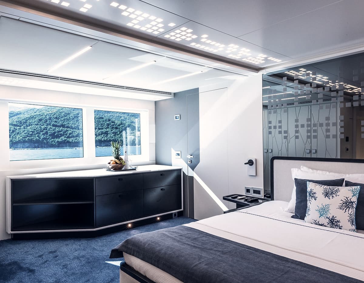 The master cabin aboard Motor Yacht Serenitas