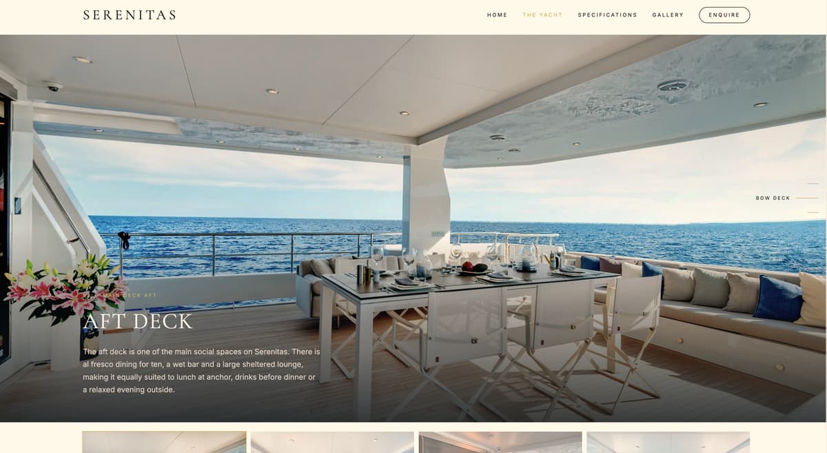 The aft deck section of the Motor Yacht Serenitas website