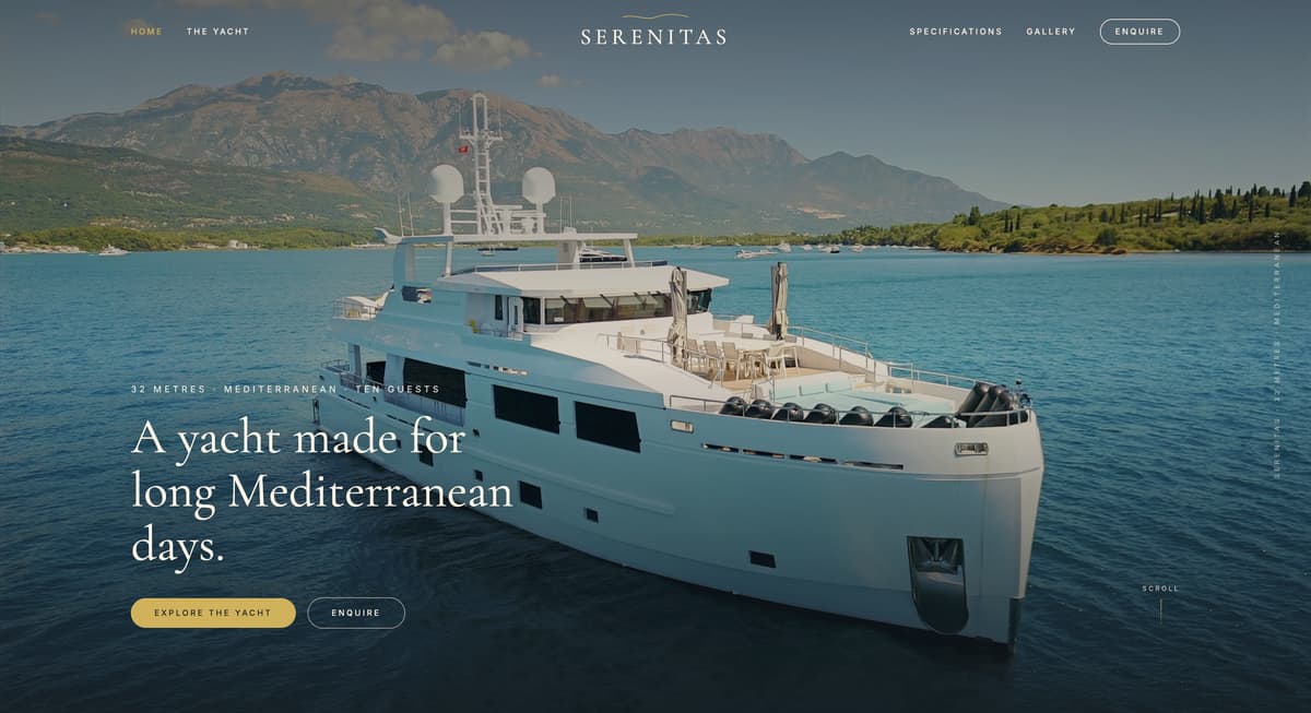 The Motor Yacht Serenitas website homepage, built by YOT