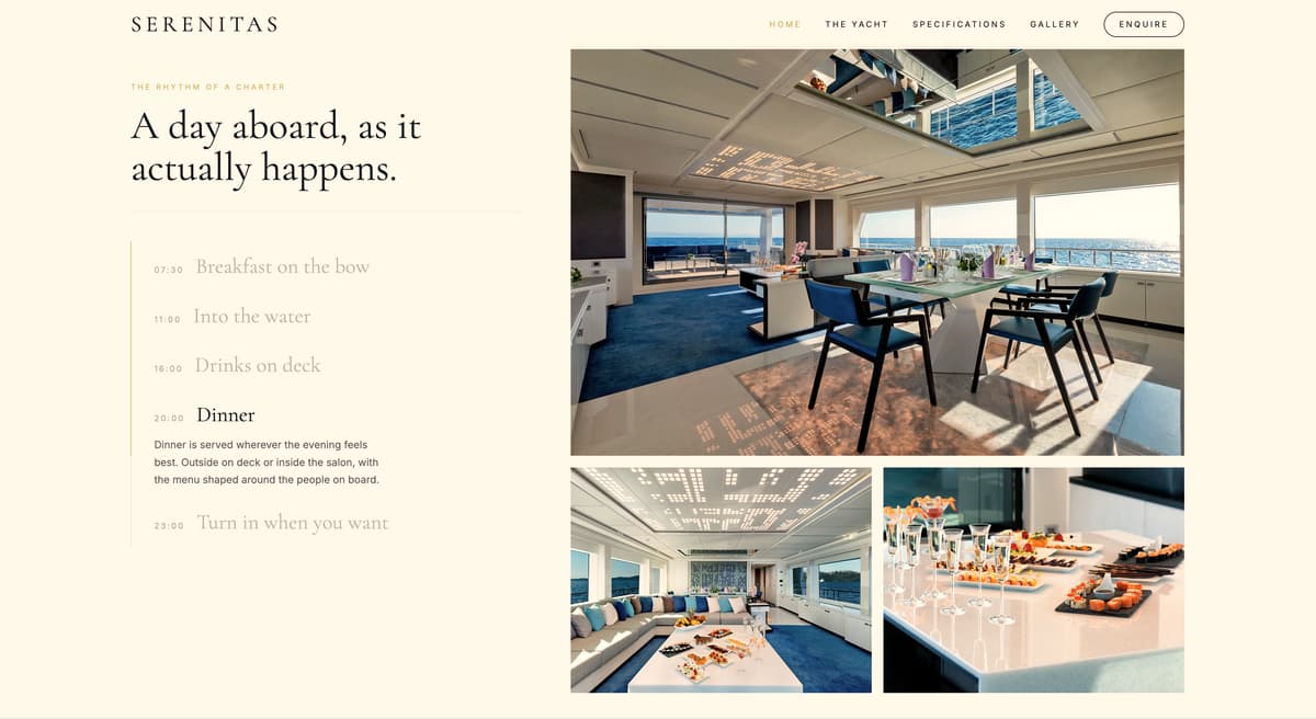 The rhythm of a charter section of the Motor Yacht Serenitas website