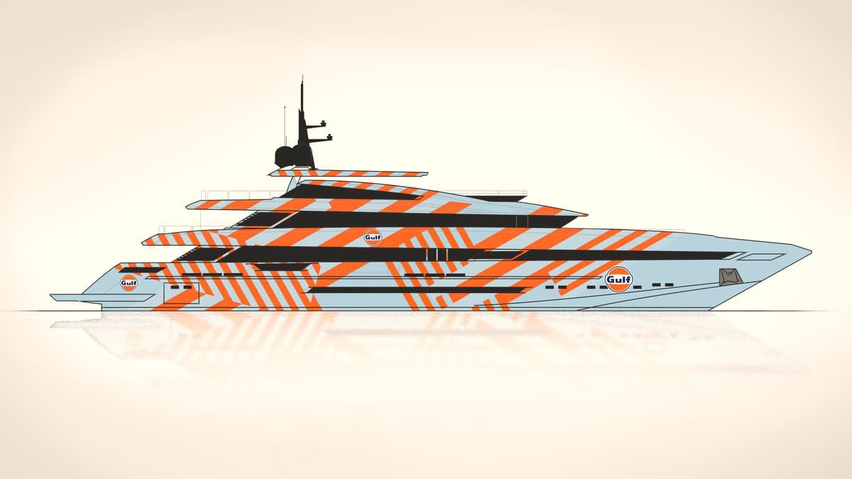 A superyacht rendered in a bold orange and pale blue dazzle wrap livery