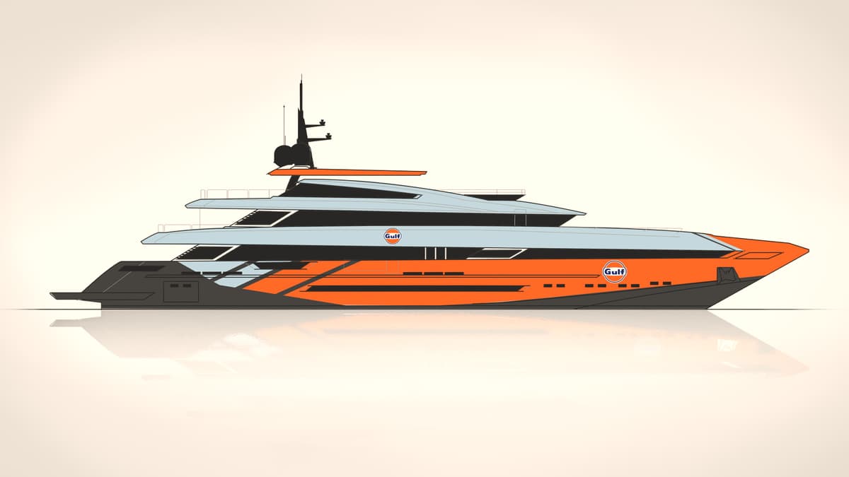 A superyacht rendered in an orange, pale blue and navy racing livery
